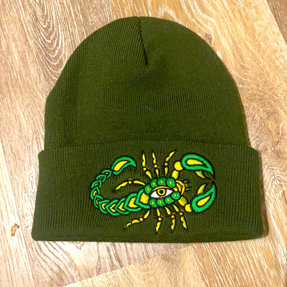 Olive Green Scorpion Embroidered Beanie Hat